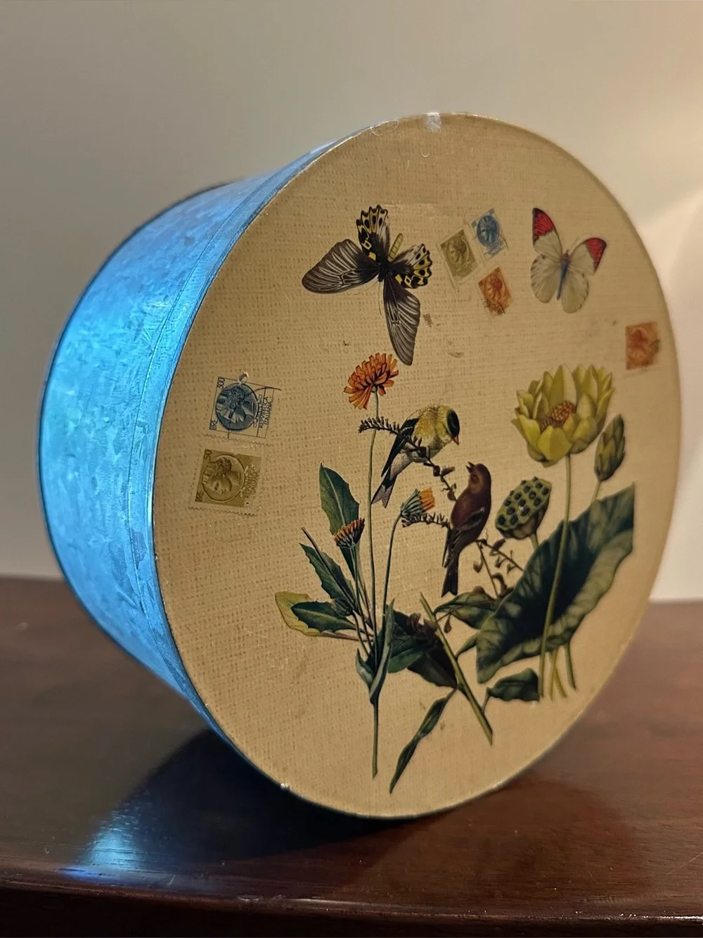 Metal container with lid • Birds, butterflies and wildflowers • vintage